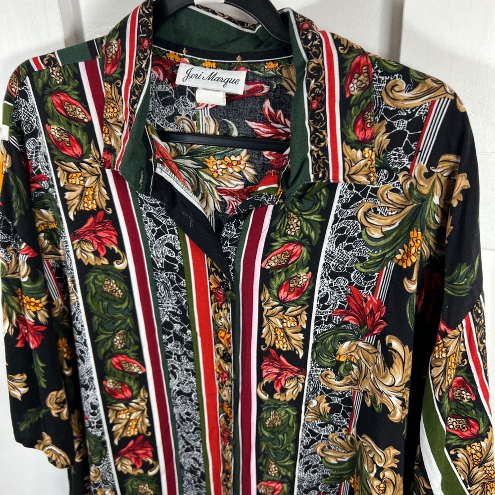 Jeri Marque Vintage Baroque Floral Striped Rayon Button Up Shirt Mens XL 1645